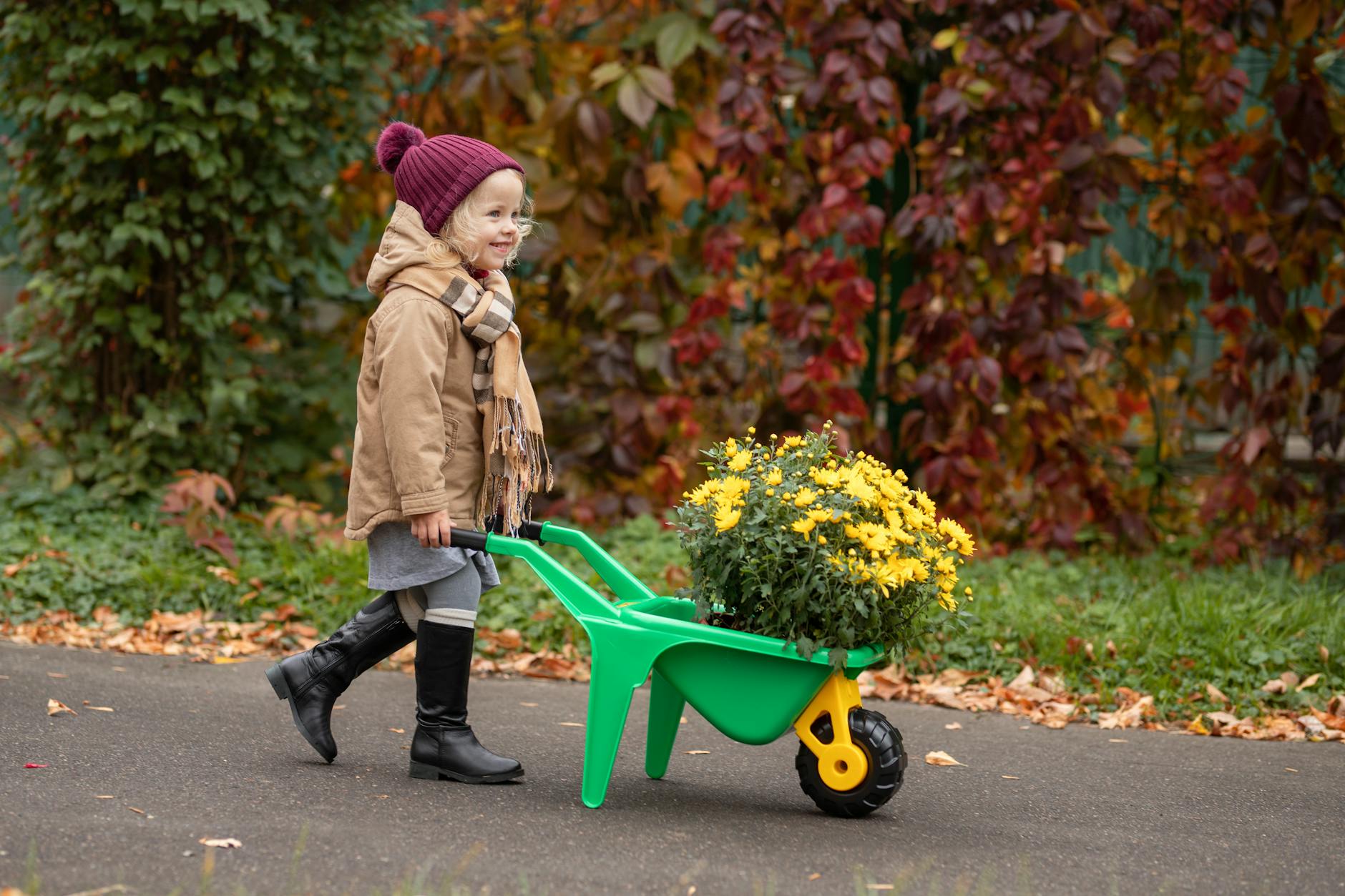 smiling girl with flowers in toy wheelbarrow